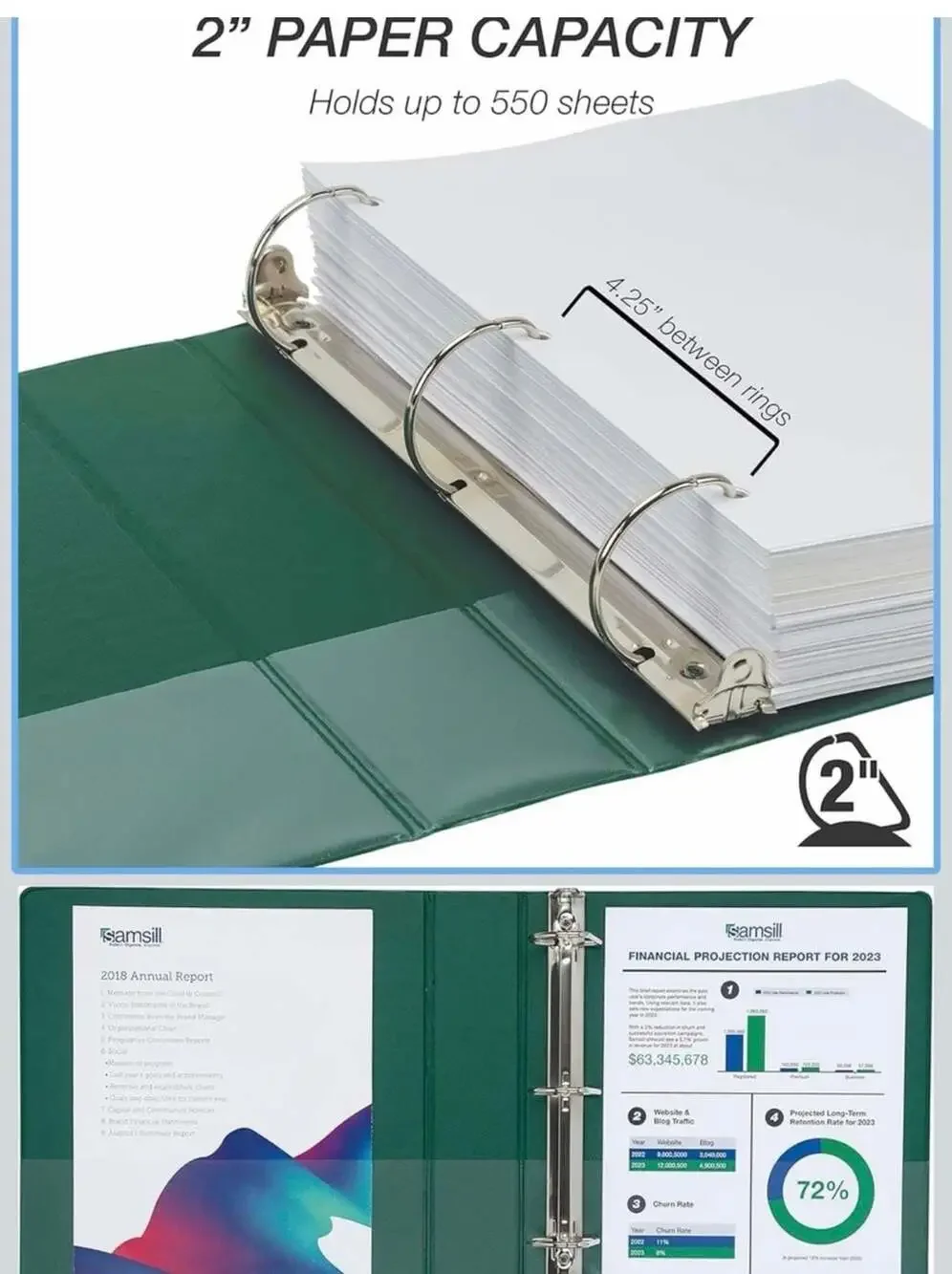 Samsill Durable 2 Inch D-Ring View Binder, Green, 4-Pack